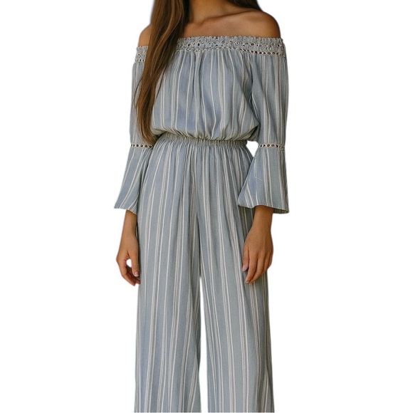 WALTER BAKER Milan Jumpsuit sz XL Blue w/White Stripe Crop Wide Leg W2664 - Picture 1 of 8